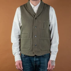 Sashiko Shawl Collar Vest Olive