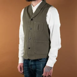 Sashiko Shawl Collar Vest Olive