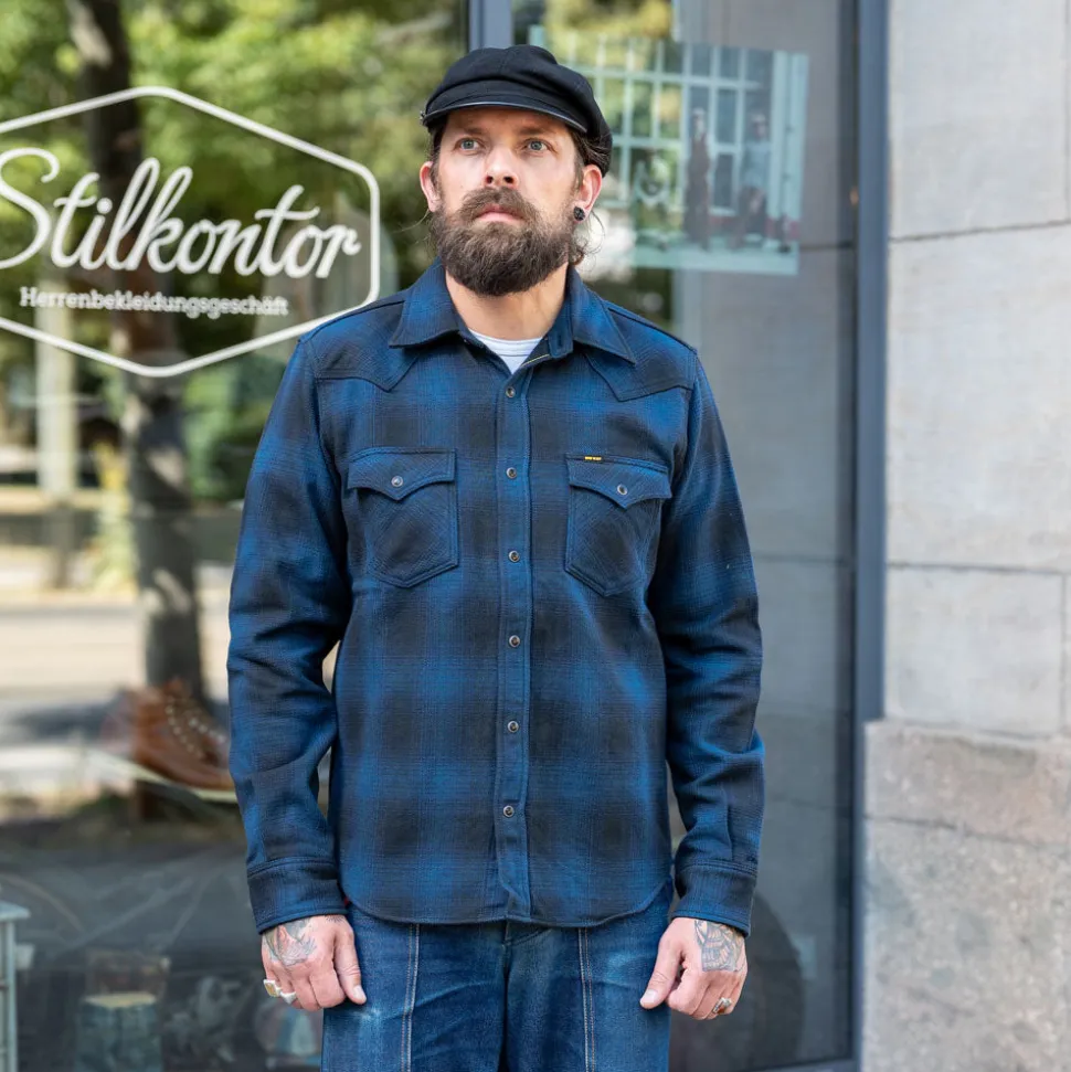 Ultra Heavy Flannel Ombré Check Western Shirt IHSH-264-NAV Navy